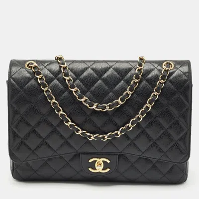 Pre-owned Chanel Black Quilted Caviar Leather Maxi Classic Double Flap Bag