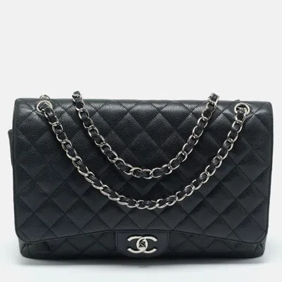 Pre-owned Chanel Black Quilted Caviar Leather Maxi Classic Double Flap Bag
