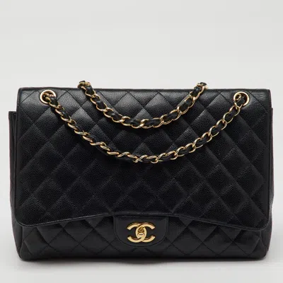 Pre-owned Chanel Black Quilted Caviar Leather Maxi Classic Single Flap Bag
