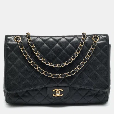 Pre-owned Chanel Black Quilted Caviar Leather Maxi Classic Single Flap Bag
