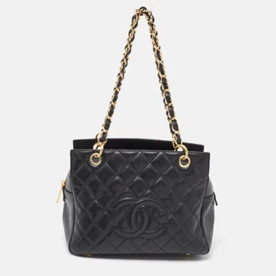 Pre-owned Chanel Black Quilted Caviar Leather Petite Timeless Tote