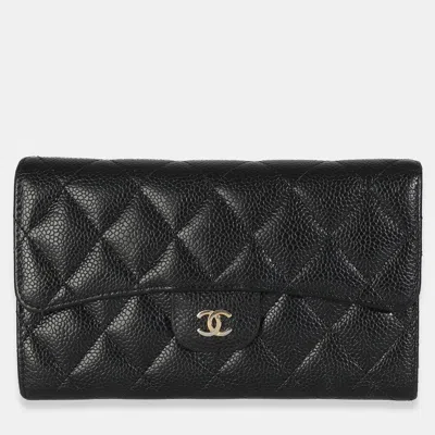 Pre-owned Chanel Black Quilted Caviar Long Classic Flap Wallet