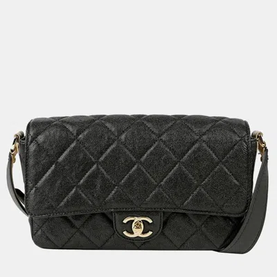 Pre-owned Chanel Black Quilted Caviar Medium Buckle Strap Cc Messenger Bag