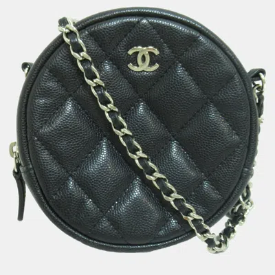 Pre-owned Chanel Black Quilted Caviar Mini Round Clutch With Chain