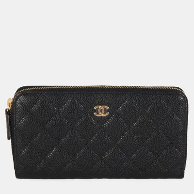 Pre-owned Chanel Black Quilted Caviar Zip Around L-gusset Wallet