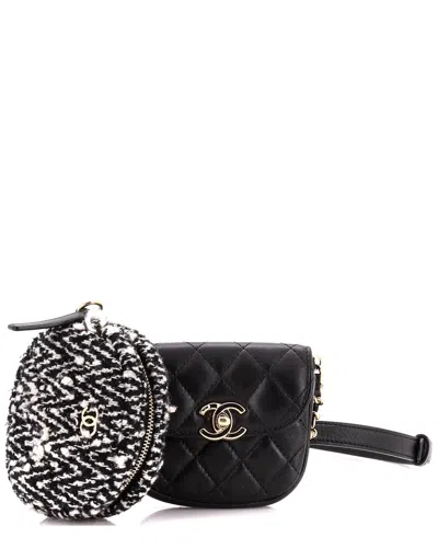 Pre-owned Chanel Black Quilted Lambskin & Tweed Cc Waist Bag With Coin Purse (authentic  Pre-loved)