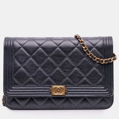 Pre-owned Chanel Black Quilted Lambskin Boy Wallet On Chain