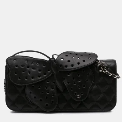 Pre-owned Chanel Black Quilted Lambskin Butterfly Clutch With Chain