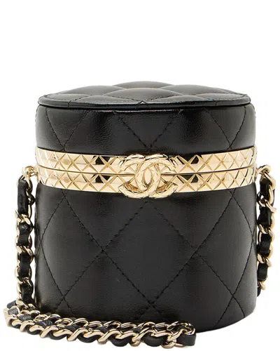 Pre-owned Chanel Black Quilted Lambskin Lock Frame Round Mini Vanity Case With Chain  (authentic Pre-loved)