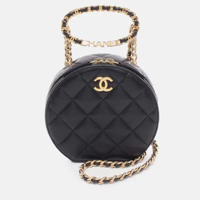 Pre-owned Chanel Black Quilted Lambskin Oval Logo Chain Top Handle Round Clutch On Chain