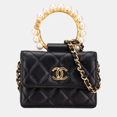 Pre-owned Chanel Black Quilted Lambskin Pearl Crown Clutch On Chain