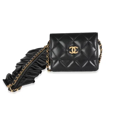 Pre-owned Chanel Black Quilted Lambskin Ruffled Card Holder On Chain