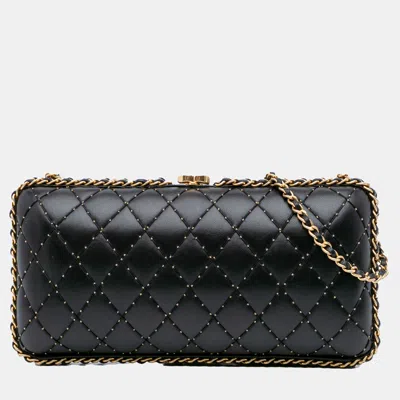 Pre-owned Chanel Black Quilted Lambskin Studded Chain Around Clutch With Chain