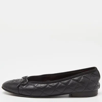 Pre-owned Chanel Black Quilted Leather Cc Cap Toe Bow Ballet Flats Size 35