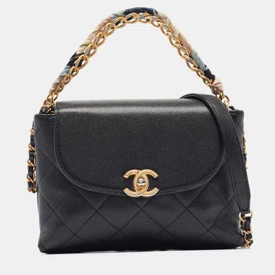 Pre-owned Chanel Black Quilted Leather Cc Chain Scarf Top Handle Bag