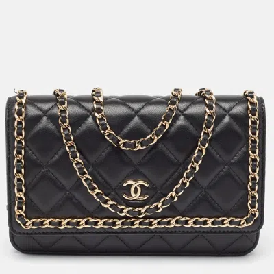 Pre-owned Chanel Black Quilted Leather Chain Around Wallet On Chain