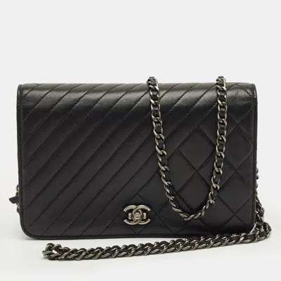 Pre-owned Chanel Black Quilted Leather Coco Boy Wallet On Chain