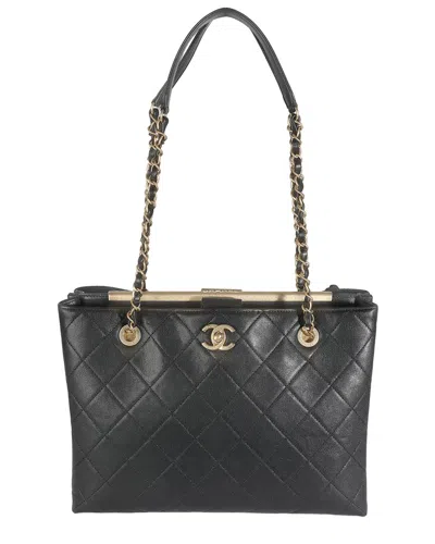 Pre-owned Chanel Black Quilted Leather Large Signature Plate Shopping Tote (authentic  Pre-loved)