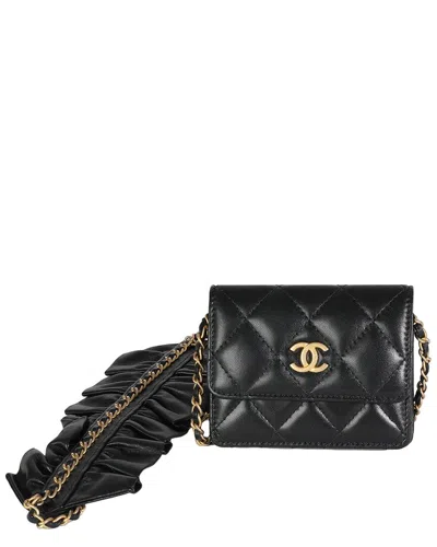 Pre-owned Chanel Black Quilted Leather Ruffled Card Holder On Chain (authentic Pre-  Loved)