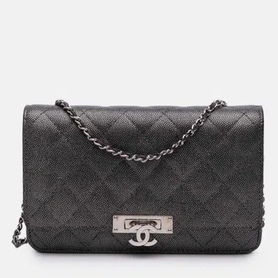 Pre-owned Chanel Black Quilted Metallic Caviar Golden Class Wallet On Chain