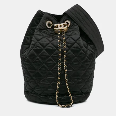 Pre-owned Chanel Black Quilted Nylon Crystal Cc Drawstring Sling Bag