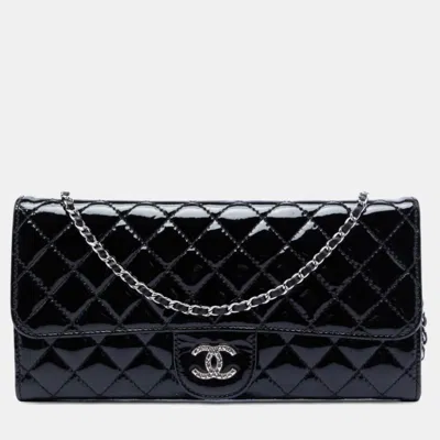 Pre-owned Chanel Black Quilted Patent Brilliant East West Flap Clutch With Chain