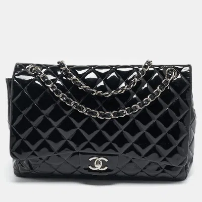 Pre-owned Chanel Black Quilted Patent Leather Maxi Classic Single Flap Bag
