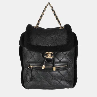 Pre-owned Chanel Black Quilted Shearling Paris Hamburg Small Backpack