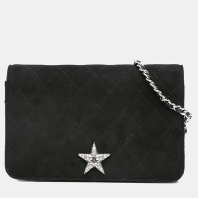 Pre-owned Chanel Black Quilted Suede Cocostellar Wallet On Chain