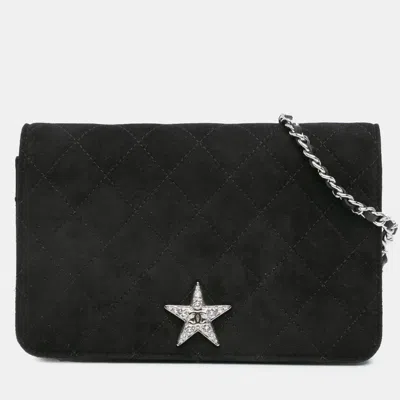 Pre-owned Chanel Black Quilted Suede Cocostellar Wallet On Chain