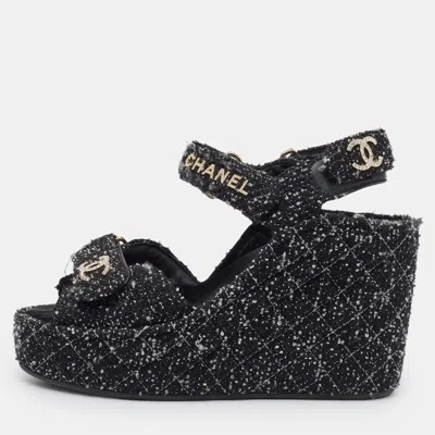 Pre-owned Chanel Black Quilted Tweed Cc Platform Wedge Sandals Size 37
