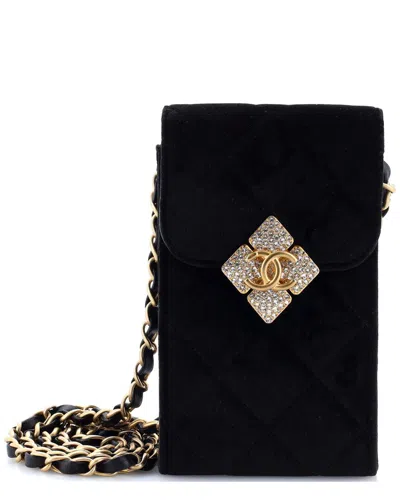 Pre-owned Chanel Black Quilted Velvet Diamond Lock Cc Phone Holder With Chain With  Crystals (authentic Pre-lo