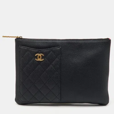 Pre-owned Chanel Black Quilted Caviar Leather Phone Pocket O Case Clutch