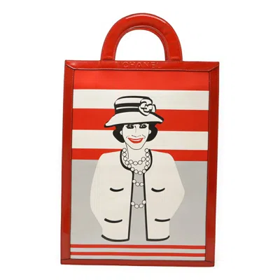 Pre-owned Chanel Black Red Color Silver White Patent Leather Handbag Tote Bag ()