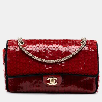 Pre-owned Chanel Black Red Paris-shanghai Medium Satin And Sequins Double Flap
