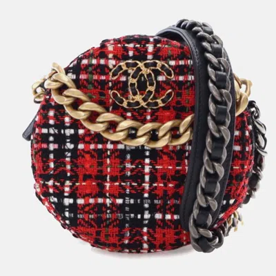 Pre-owned Chanel Black Red Tweed 19 Round Clutch With Chain