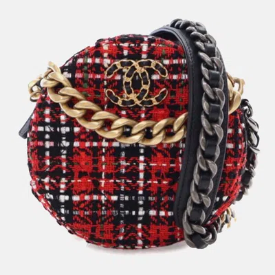 Pre-owned Chanel Black Red Tweed 19 Round Clutch With Chain