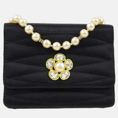 Pre-owned Chanel Black Rhinestone Artificial Pearl Chain Straight Flap Bag