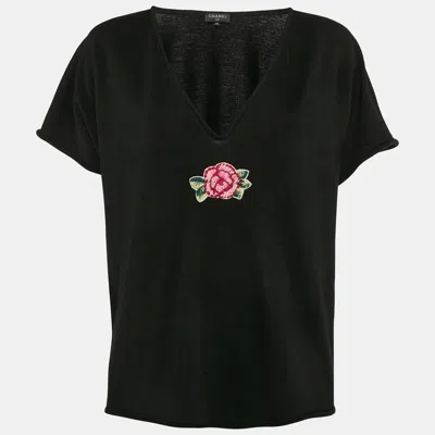 Pre-owned Chanel Black Rose Embroidered Wool Blend V-neck Top Xl