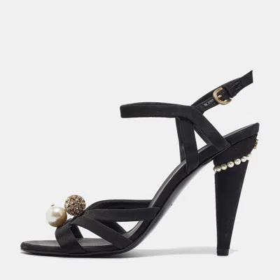 Pre-owned Chanel Black Satin And Canvas Ankle Strap Sandals Size 39