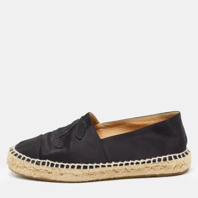 Pre-owned Chanel Black Satin And Canvas Cc Espadrille Flats Size 35