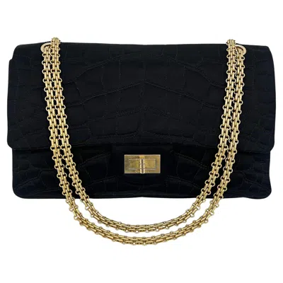 Pre-owned Chanel Black Satin Coco Croc Quilted 227 Reissue 2.55 Double Flap Classic