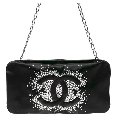 Pre-owned Chanel Black Satin Crystal Cc Clutch Chain Evening Bag Rare Designer