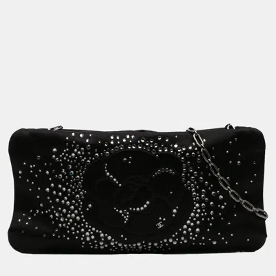 Pre-owned Chanel Black Satin Diamante Camellia Clutch With Chain
