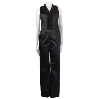 Pre-owned Chanel Black Satin Smocked Ruffle Jumpsuit 36 Xs
