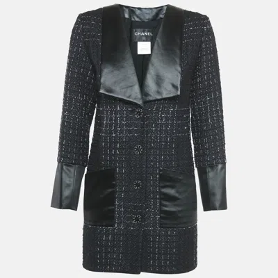 Pre-owned Chanel Black Satin Trim Tweed Coat S