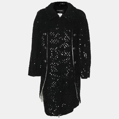 Pre-owned Chanel Black Sequin Tweed Camelia Coat M