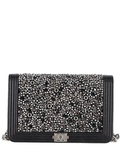 Pre-owned Chanel Black Sheep Leather Old Medium Boy Beaded Shoulder Bag (authentic Pre-  Loved)