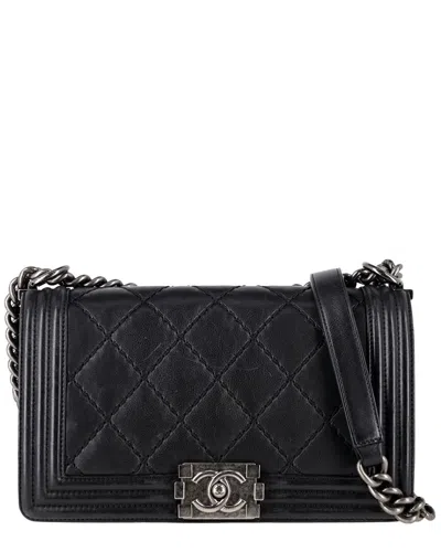 Pre-owned Chanel Black Sheep Leather Quilted Medium Double Stitch Boy Flap Bag  (authentic Pre-loved)