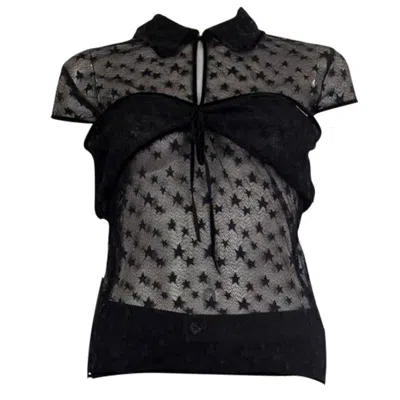 Pre-owned Chanel Black Sheer Star Lace Cap Sleeve Blouse Shirt M